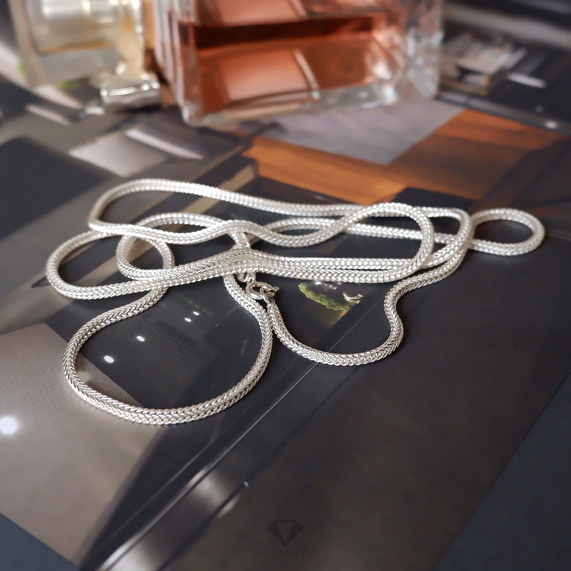 สร้อยลายสี่เสา เงินแท้ทั้งเส้น ลายสานละเอียดสวย งานฝีมือปราณีต ขนาด 2 มิลลิเมตร