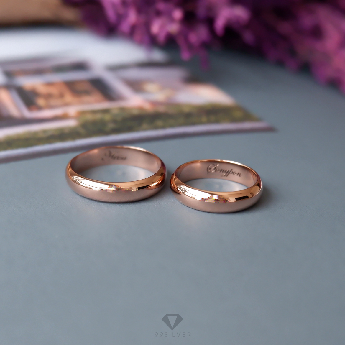 แหวนเงินแท้เคลือบพิ้งค์โกล หน้ากว้าง 4 มิลลิเมตร ผิวเงาทรงโค้ง