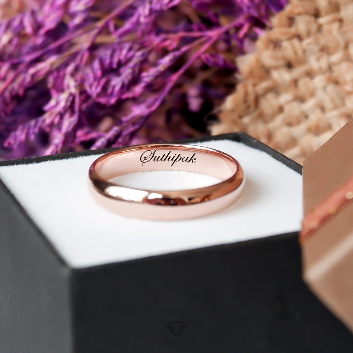 แหวนเงินแท้เคลือบพิ้งค์โกล หน้ากว้าง 4 มิลลิเมตร ผิวเงาทรงโค้ง