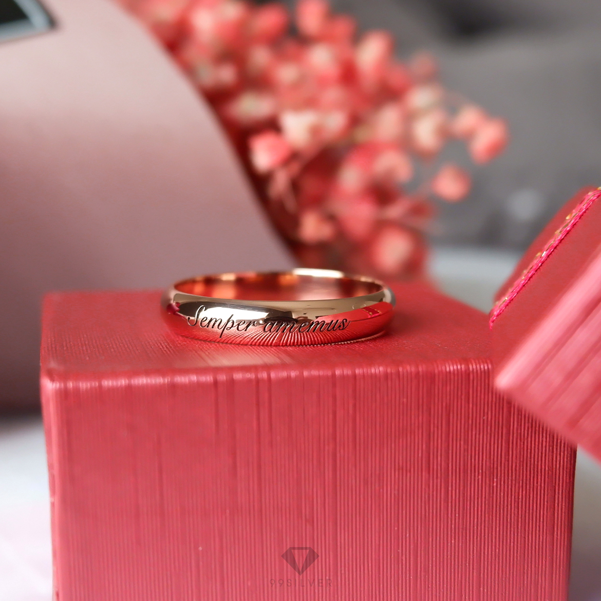 แหวนเงินแท้เคลือบพิ้งค์โกล หน้ากว้าง 4 มิลลิเมตร ผิวเงาทรงโค้ง