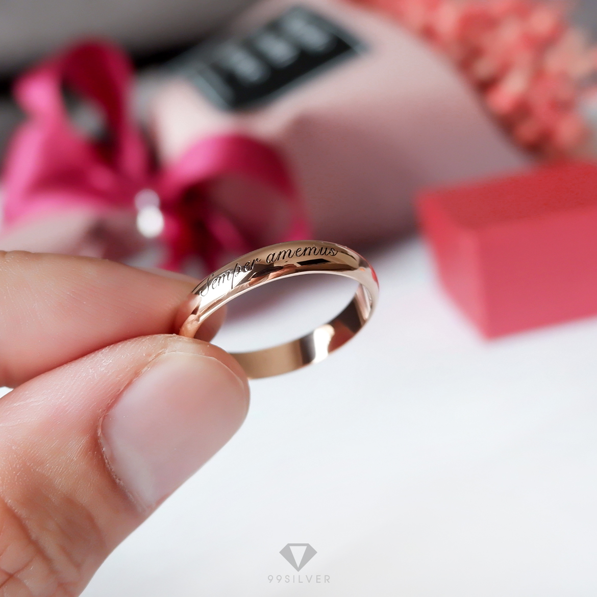 แหวนเงินแท้เคลือบพิ้งค์โกล หน้ากว้าง 4 มิลลิเมตร ผิวเงาทรงโค้ง