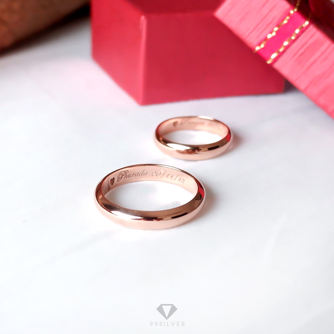 แหวนเงินแท้เคลือบพิ้งค์โกล หน้ากว้าง 4 มิลลิเมตร ผิวเงาทรงโค้ง