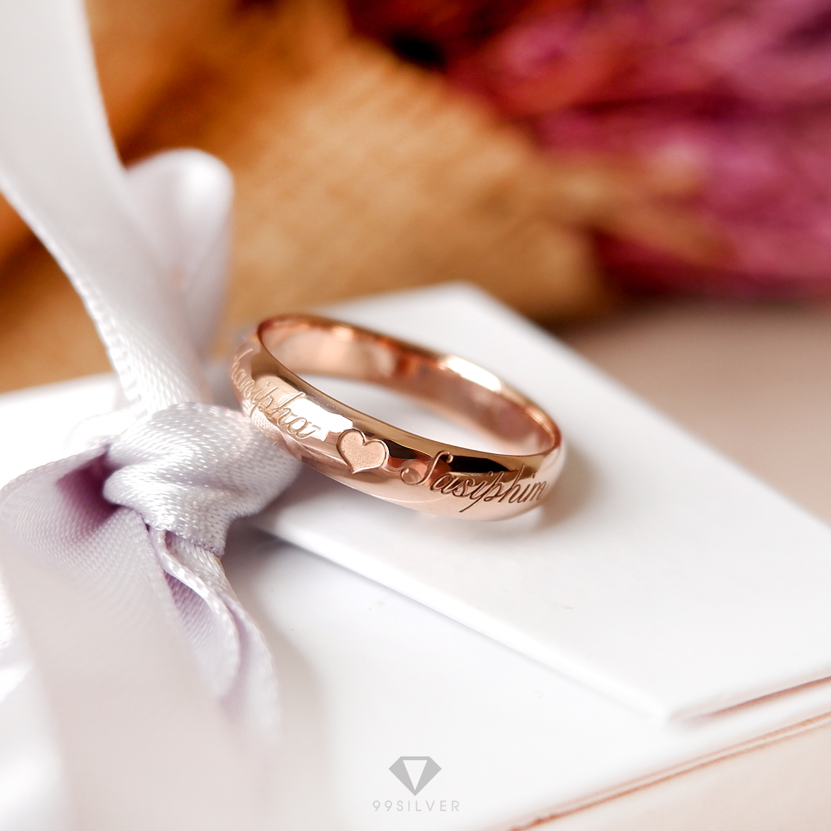 แหวนเงินแท้เคลือบพิ้งค์โกล หน้ากว้าง 4 มิลลิเมตร ผิวเงาทรงโค้ง