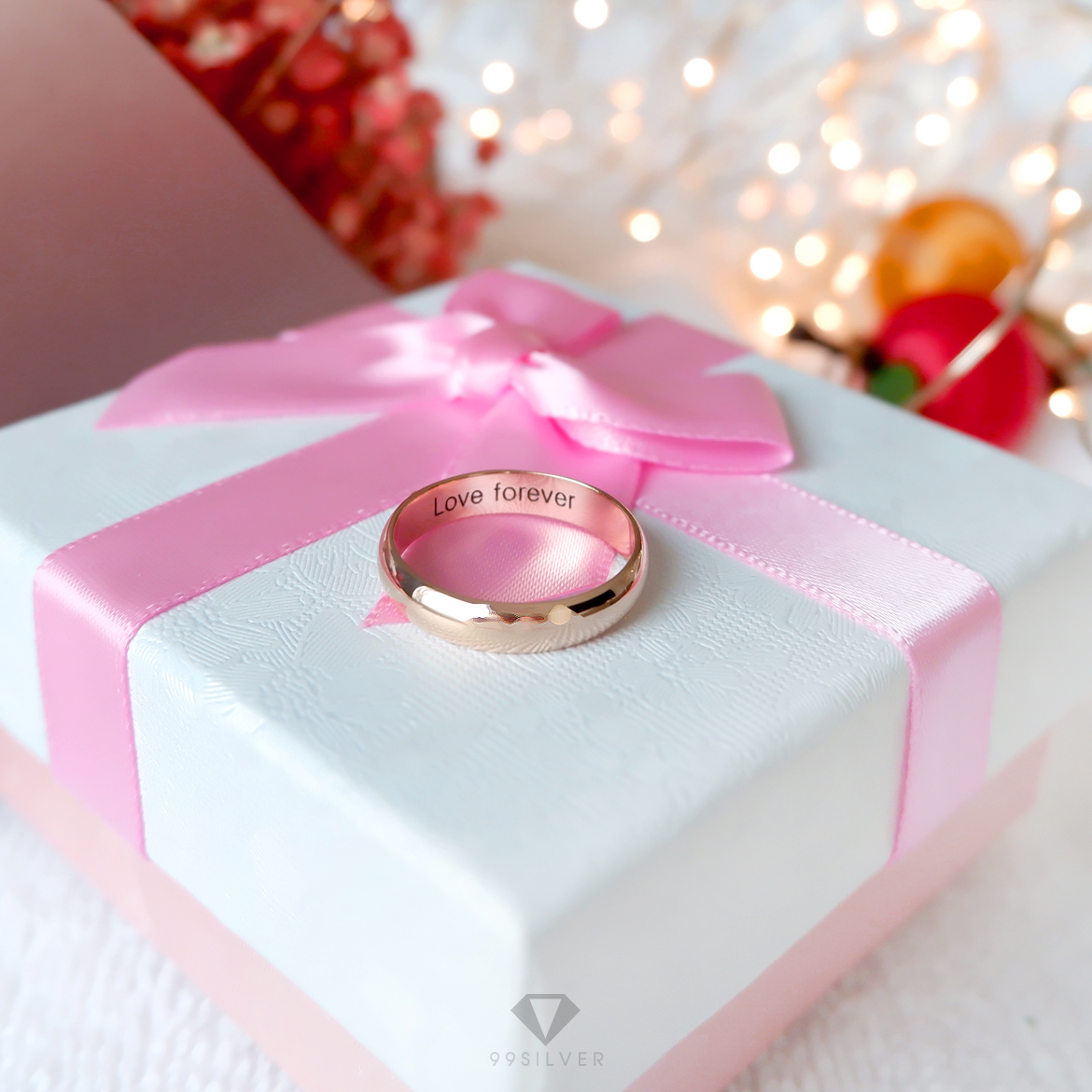 แหวนเงินแท้เคลือบพิ้งค์โกล หน้ากว้าง 4 มิลลิเมตร ผิวเงาทรงโค้ง