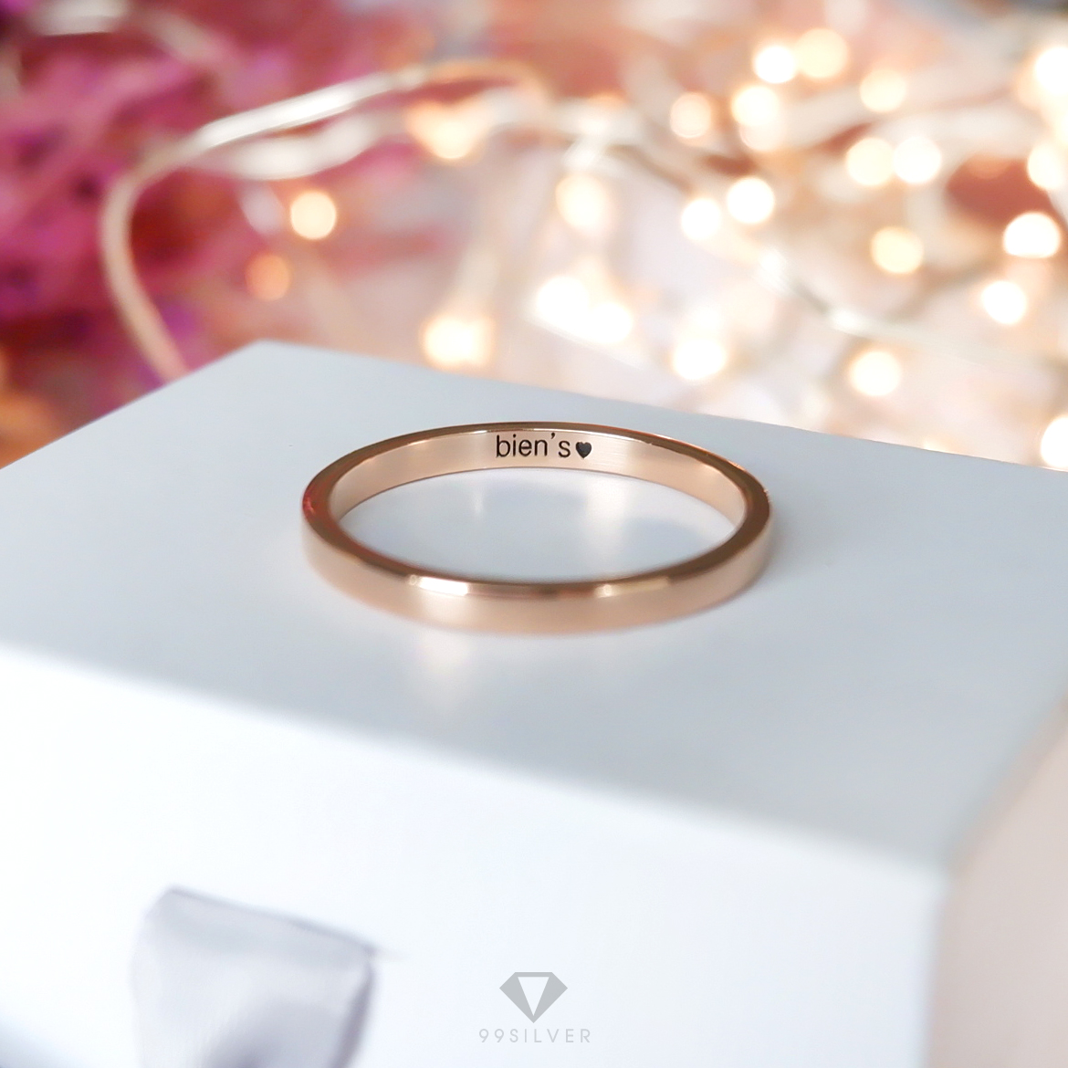 แหวนเงินแท้เคลือบพิ้งค์โกล หน้ากว้าง 2 มิลลิเมตร ผิวเรียบเงาทรงแบน 