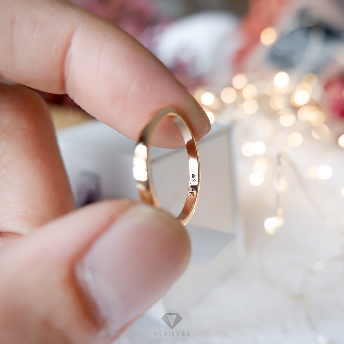 แหวนเงินแท้เคลือบพิ้งค์โกล หน้ากว้าง 2 มิลลิเมตร ผิวเรียบเงาทรงแบน 