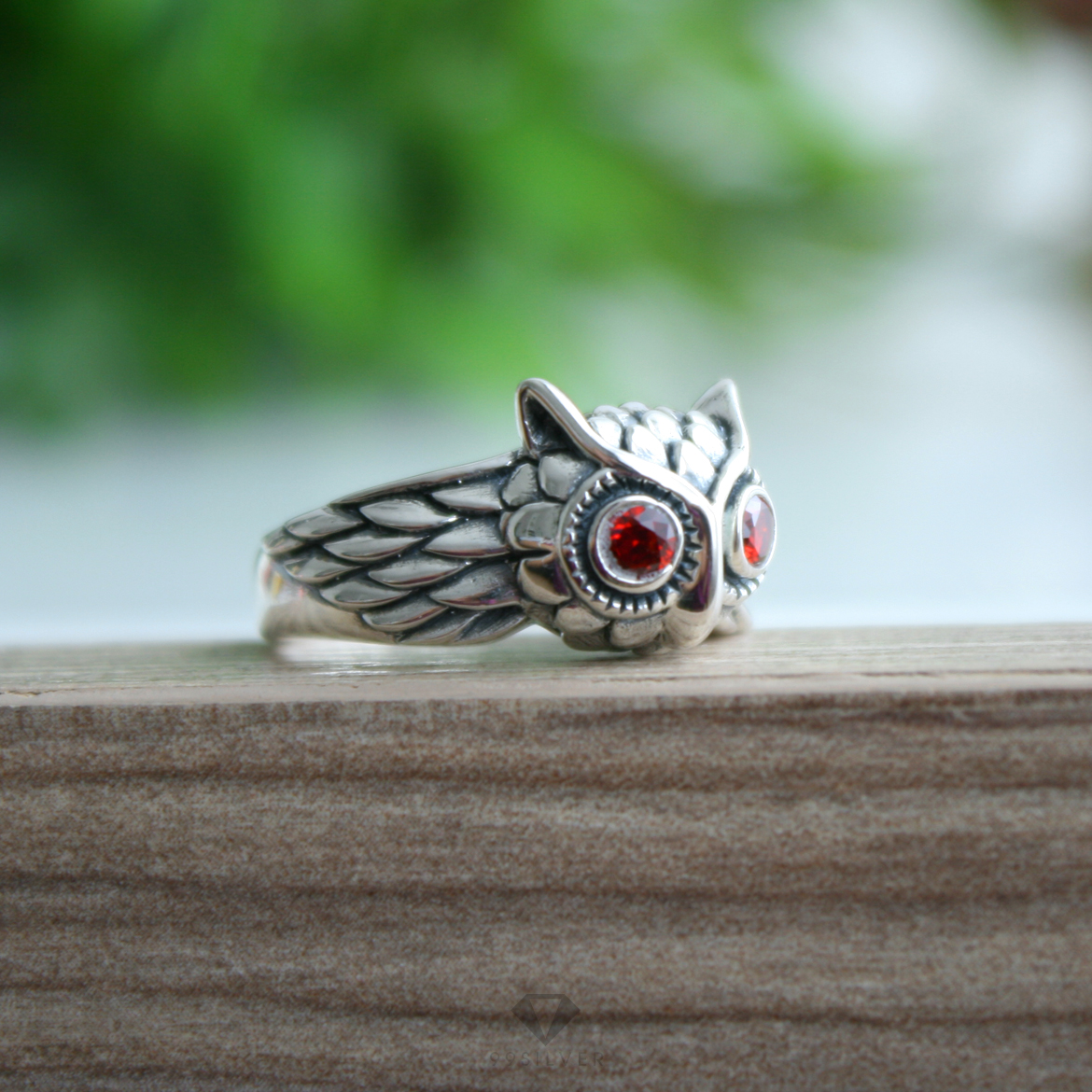 แหวนนกฮูกหัวชูประดับ Cz Swiss แท้สีแดง (เสริมโชค ด้านการเรียน)