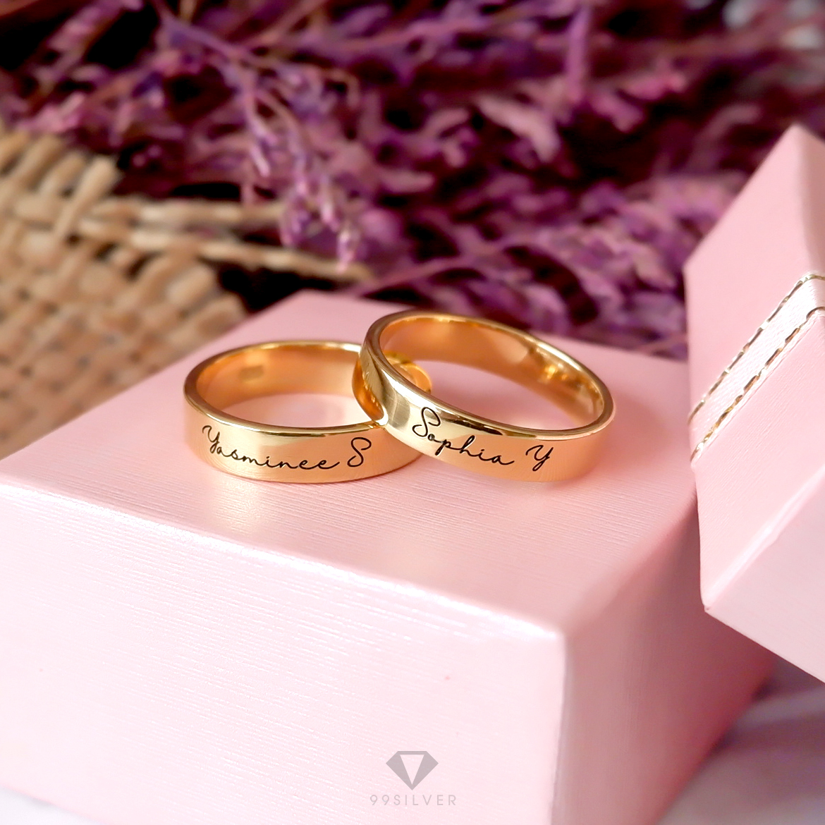 แหวนเงินแท้เคลือบทอง หน้ากว้าง 4 มิลลิเมตร ผิวเรียบเงาทรงแบน