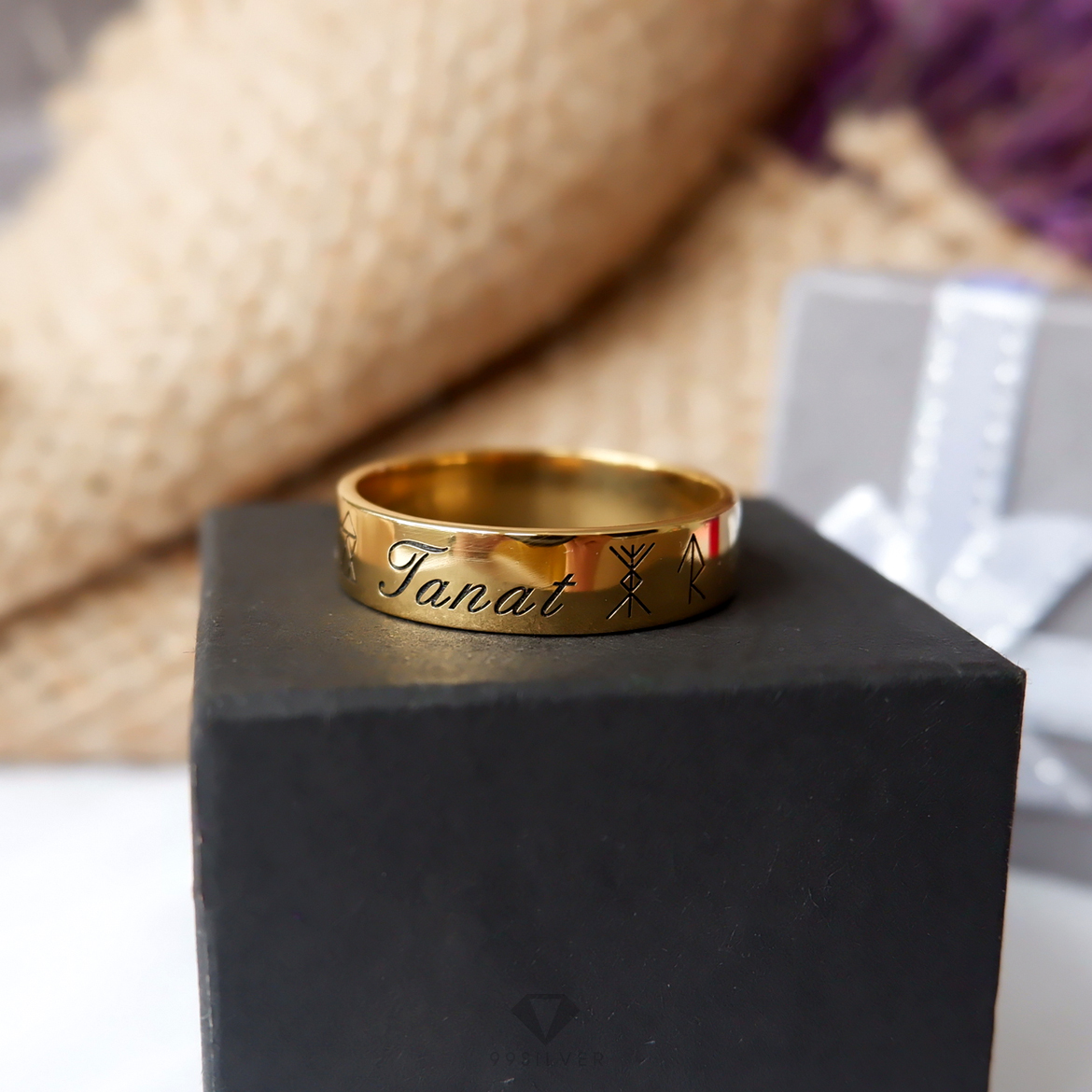 แหวนเงินแท้เคลือบทอง หน้ากว้าง 6 มิลลิเมตร ผิวเรียบเงาทรงแบน