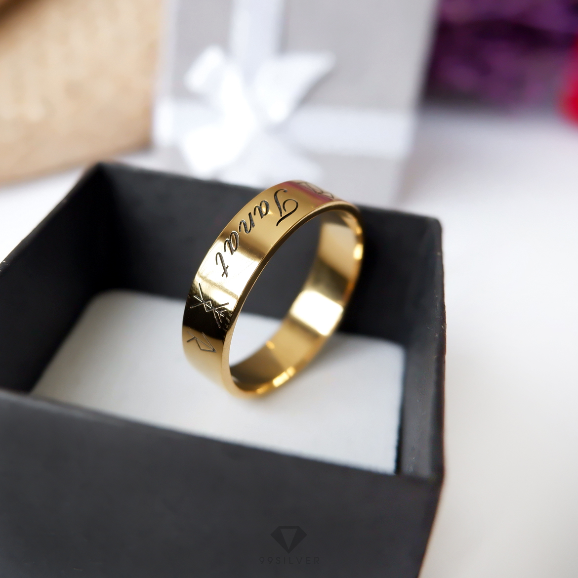 แหวนเงินแท้เคลือบทอง หน้ากว้าง 6 มิลลิเมตร ผิวเรียบเงาทรงแบน