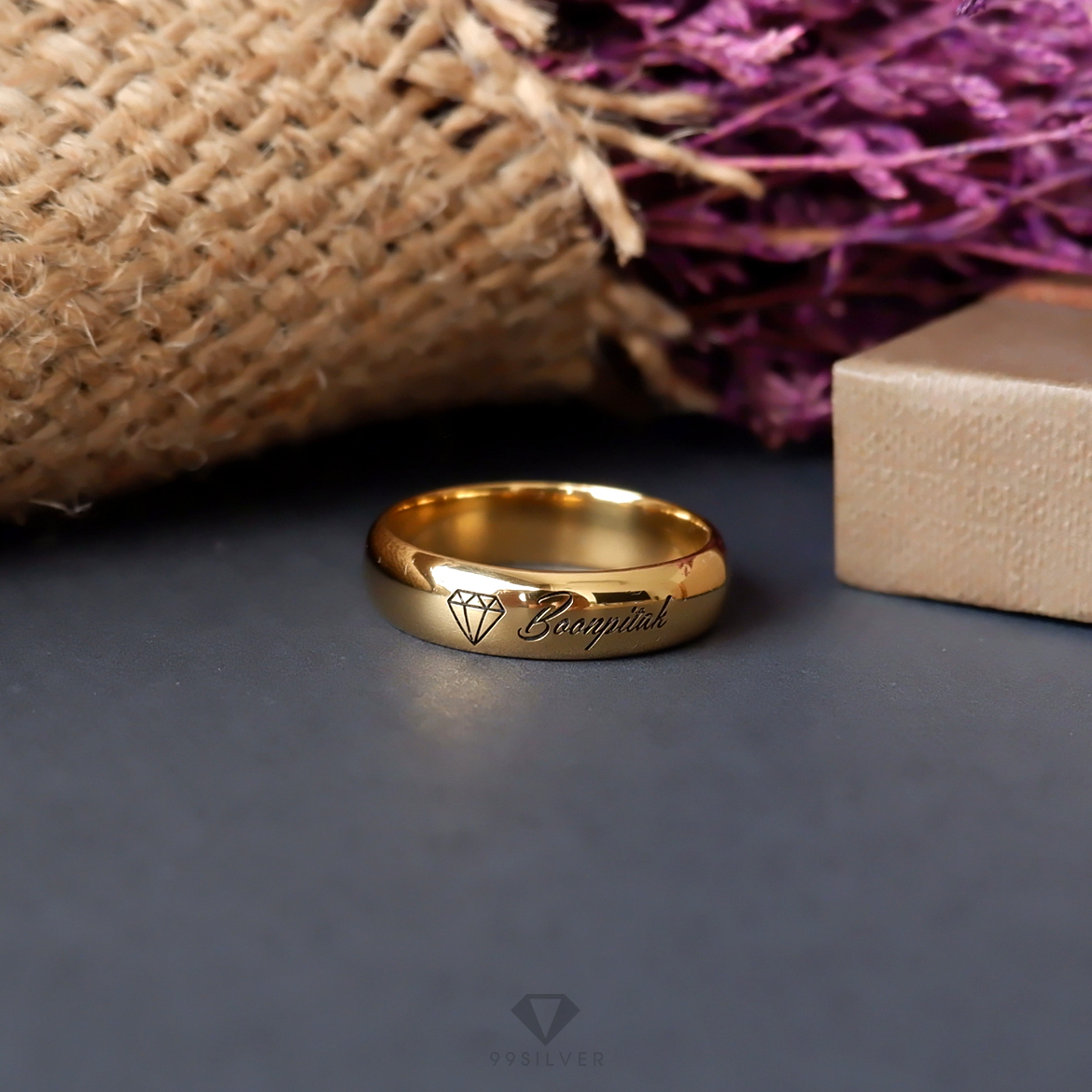 แหวนเงินแท้เคลือบทอง หน้ากว้าง 6 มิลลิเมตร ผิวเงาทรงโค้ง