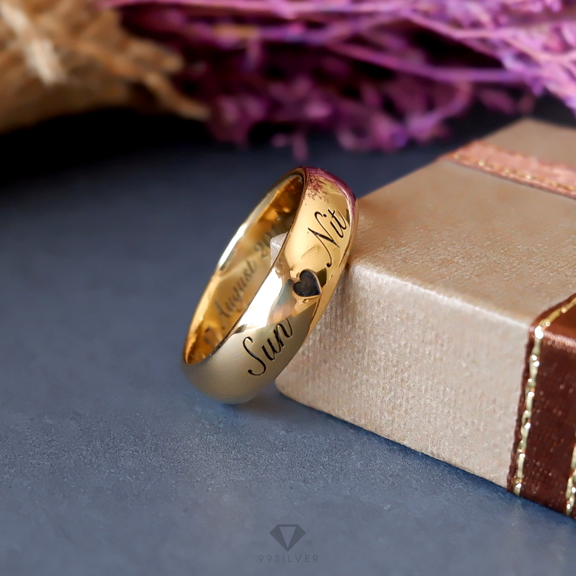 แหวนเงินแท้เคลือบทอง หน้ากว้าง 6 มิลลิเมตร ผิวเงาทรงโค้ง