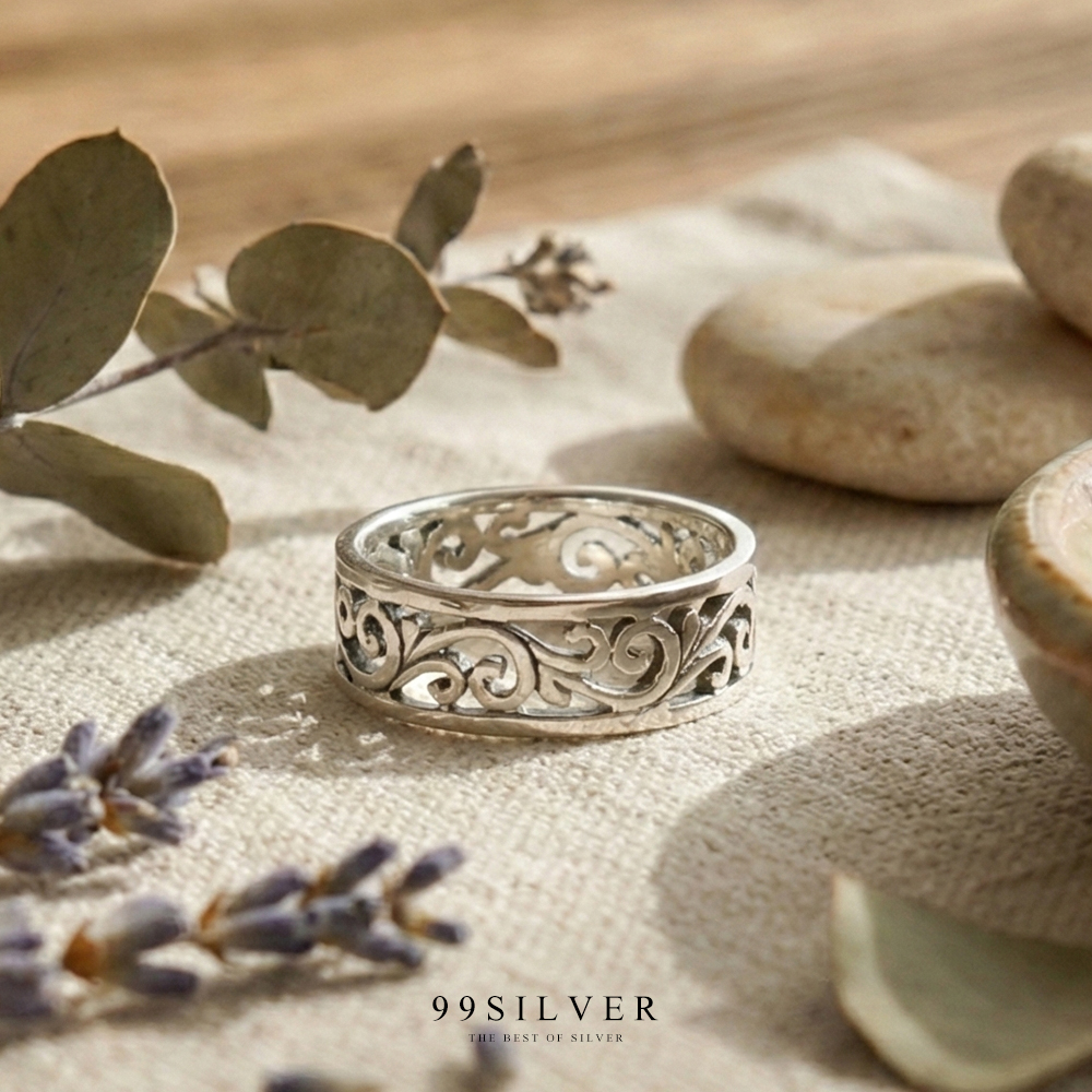 แหวนเงินเจาะเล่นลาย Element ลวดลายสไตร์ยุโรปโบราณ ขนาดหน้าเรือน 5 mm. 