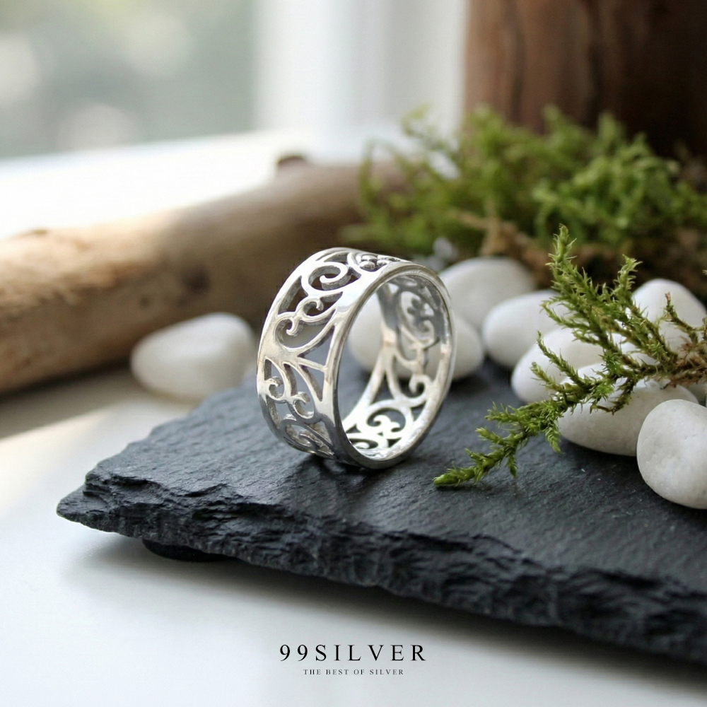 แหวนเงินเจาะเล่นลาย Element ลวดลายสไตร์ยุโรปโบราณ ขนาดหน้าเรือน 7 mm.