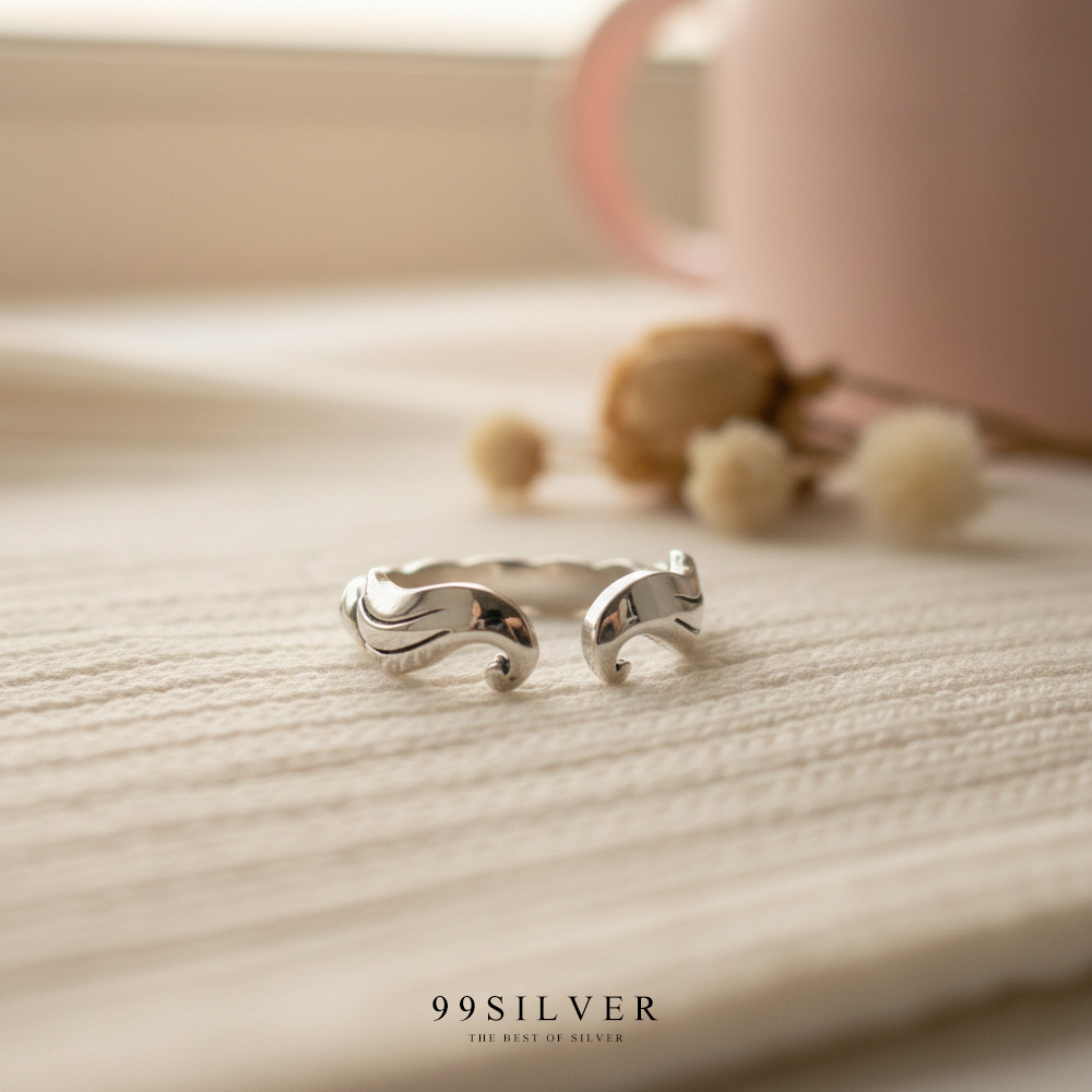 แหวนปีกนางฟ้า แบบปรับขนาดได้ ตัวเรือนเงินแท้ก้านทรงเกลียว