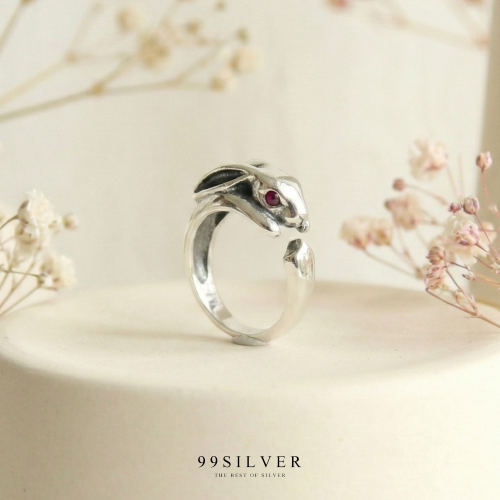 แหวนกระต่ายเกาะนิ้ว พันรอบนิ้วน่ารัก ดวงตาฝังเพชร cz สีส้ม